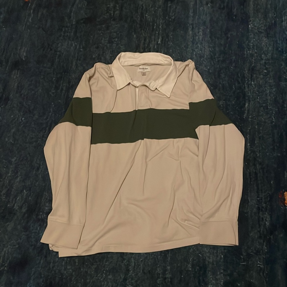White Long Sleeve Polo Shirt With Green Stripe